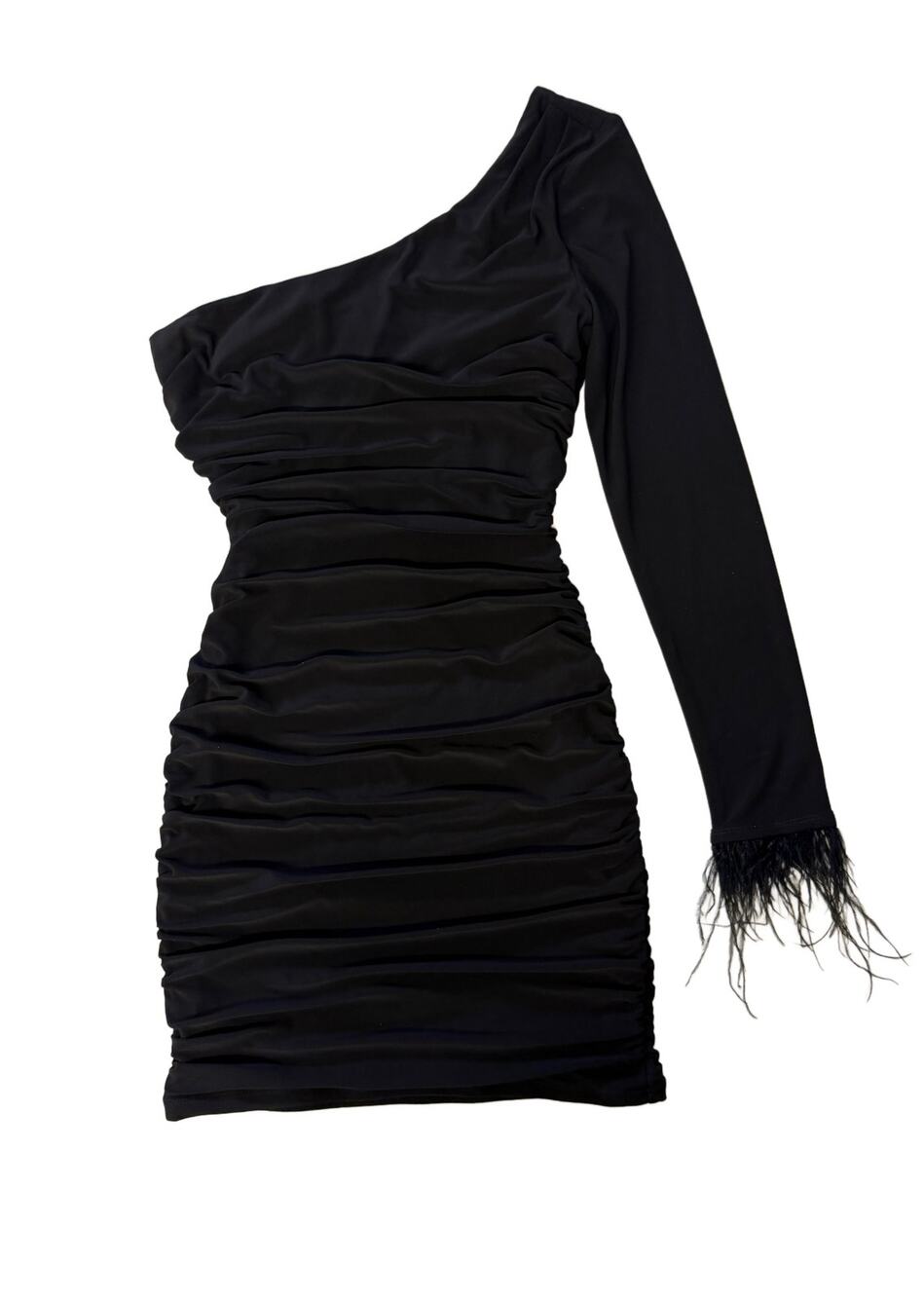 City Studio Black Ruched One Shoulder Feather Trim Bodycon Mini Cocktail Dress S